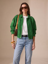 Lena | Damen Oversized Kurzjacke mit Reißverschluss und Metallknöpfen – Grün