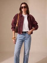 Lena | Damen Oversized Kurzjacke mit Reißverschluss und Metallknöpfen – Dunkelrot