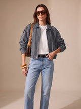 Lena | Damen Oversized Kurzjacke mit Reißverschluss und Metallknöpfen – Grau