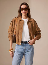 Lena | Damen Oversized Kurzjacke mit Reißverschluss und Metallknöpfen – Camel