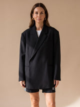 Elfriede | Damen Oversized Longblazer mit Reverskragen und Knopfdetails – Schwarz
