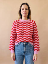 Hannah | Damen Oversized Strickpullover mit Wellenmuster Rundhalsausschnitt – Rosa