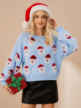 Lena | Damen Oversized Weihnachtspullover mit Weihnachtsmann-Muster Langarm – Blauer Weihnachtsmann