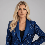 Damen Pailletten Blazer Elegant und Tailliert – Blau