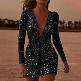 Lena | Damen Pailletten Bodycon Cocktailkleid Langarm tiefer V-Ausschnitt – Schwarz