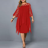 Mia | Damen Plus Size Midi Kleid mit Spitze und fließendem Schnitt – Rot