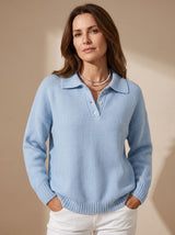 Greta | Damen Polo-Pullover Langarm Strick mit Knopfleiste – Blau