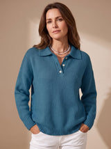 Greta | Damen Polo-Pullover Langarm Strick mit Knopfleiste – Pfauenblau