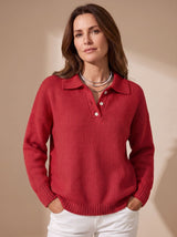 Greta | Damen Polo-Pullover Langarm Strick mit Knopfleiste – Rot
