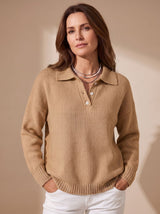Greta | Damen Polo-Pullover Langarm Strick mit Knopfleiste – Kamel