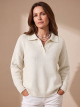 Greta | Damen Polo-Pullover Langarm Strick mit Knopfleiste – Weiß