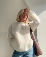 Damen Pullover mit Rundhalsausschnitt und gerippten Bündchen – Creme