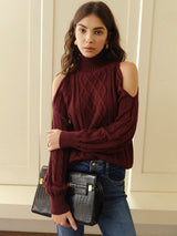 Damen Pullover mit Schulterausschnitten und Zopfmuster – Bordeaux