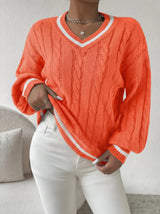 Damen Pullover mit V-Ausschnitt, Zopfmuster und Streifendetail – Orange