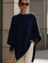 Emilia | Damen Pullover Oversized Asymmetrisch Baumwolle Acryl – Marineblau