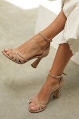 Elfriede | Damen Riemchensandalen Peep Toe High Heels Knöchelriemen – Beige