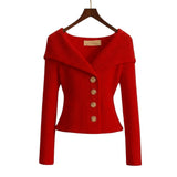 Damen-Rippstrick-Cardigan mit Off-Shoulder-Kragen und Zierknöpfen – Rot