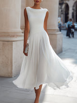 Hannah | Damen Ärmellos Plissee Midi-Kleid Drapierten Ausschnitt – Weiß