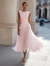Hannah | Damen Ärmellos Plissee Midi-Kleid Drapierten Ausschnitt – Rosa