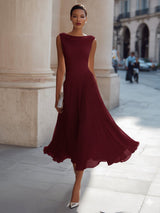 Hannah | Damen Ärmellos Plissee Midi-Kleid Drapierten Ausschnitt – Burgund