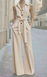 Hannah | Damen Ärmellos Weites Bein Jumpsuit Gürtel Formell – Beige