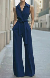 Hannah | Damen Ärmellos Weites Bein Jumpsuit Gürtel Formell – Marineblau