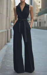 Hannah | Damen Ärmellos Weites Bein Jumpsuit Gürtel Formell – Schwarz