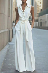 Hannah | Damen Ärmellos Weites Bein Jumpsuit Gürtel Formell – Weiß