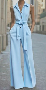 Hannah | Damen Ärmellos Weites Bein Jumpsuit Gürtel Formell – Hellblau
