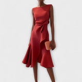 Marie | Damen Ärmellose Asymmetrische Midi-Kleid mit Plissee – Rot