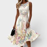 Charlotte | Damen Ärmelloses Blumen-Midikleid mit Taillierung A-Linie – Weiß