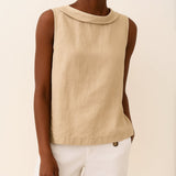Charlotte | Damen Rollkragen Ärmellose Linen Bluse – Beige