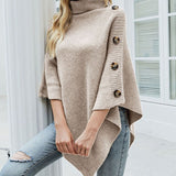 Leonie | Damen Rollkragen Strickpullover Poncho Knopfdetail Einheitsgröße – Beige