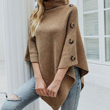 Leonie | Damen Rollkragen Strickpullover Poncho Knopfdetail Einheitsgröße – Khaki