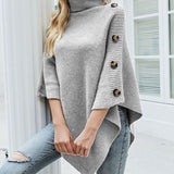 Leonie | Damen Rollkragen Strickpullover Poncho Knopfdetail Einheitsgröße – Grau