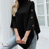 Leonie | Damen Rollkragen Strickpullover Poncho Knopfdetail Einheitsgröße – Schwarz