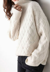 Katharina | Damen Rollkragen Strickpullover Zopfmuster Kaschmir Oversized – Creme