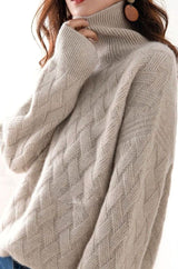 Katharina | Damen Rollkragen Strickpullover Zopfmuster Kaschmir Oversized – Beige