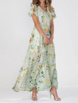 Marlene | Damen Romantisches Blumen Maxi-Kleid V-Ausschnitt – Grün