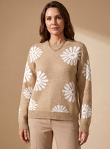 Emilia | Damen Rundhals Blumenmuster Strickpullover Lockere Passform Langarm – Khaki