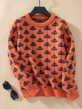Emilia | Damen Rundhals-Strickpullover mit Weihnachtsbaum-Muster Loose-Fit – Orange