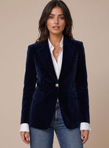 Elisabeth | Damen Samt Blazer mit Goldknöpfen schlanker Schnitt – Dunkelblau