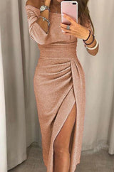 Elfriede | Damen Schulterfreies Cocktailkleid Langarm Glitzer Bodycon – Champagner