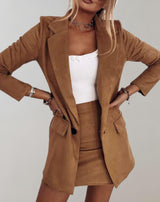 Damen Blazer mit Reverskragen und Minirock-Set mit Taschen und Knöpfen – Braun