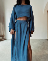 Damen Set mit Crop-Top und Maxirock mit Seitenschlitz – Blau