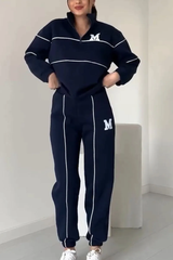Damen Set mit Halbreißverschluss-Pullover und Jogginghose mit Kontraststreifen – Blau