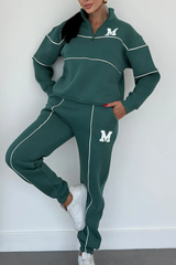 Damen Set mit Halbreißverschluss-Pullover und Jogginghose mit Kontraststreifen – Grün