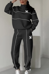 Damen Set mit Halbreißverschluss-Pullover und Jogginghose mit Kontraststreifen – Schwarz