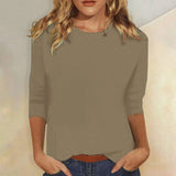 Luisa | Damen Shirt 3/4 Arm Rundhals Lässiges Basic Top – Khaki