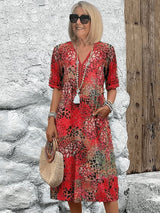 Lena | Damen Sommerkleid V-Ausschnitt Boho Stil Midi Länge – Scharlachrot